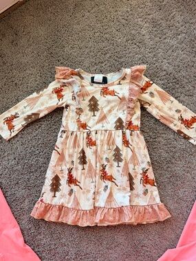 Girls Pink Ruffle Reindeer & Tree Casual Dress